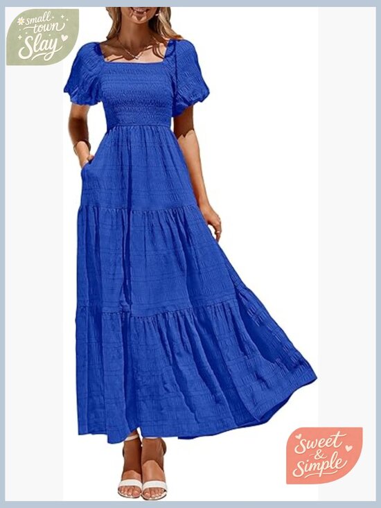 Dresses & Skirts - Puff Sleeve Maxi Dress Smocked Tiered Ruffle A-Line Summer Beach